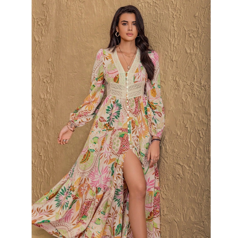 Floral Pink Bohemian Maxi Dress Lace V-Neck Long Sleeve Ruffle Hem Flowy - Picture 4 of 9